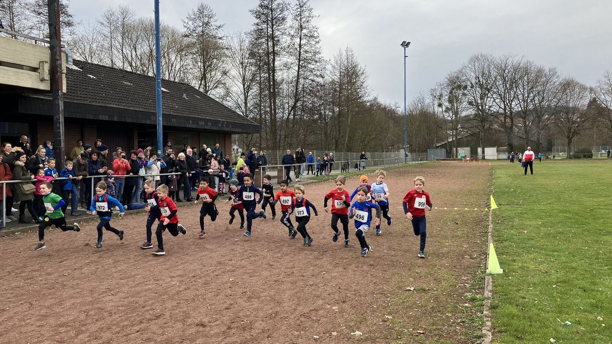 Schon bei den Jüngsten ging es bei den Crosslaufmeisterschaften des Leichtathletik-Kreis Bergstraße hoch her, wie der Start der Schüler U8 über 635 Meter zeigt. Foto: Kerstin Sonnabend