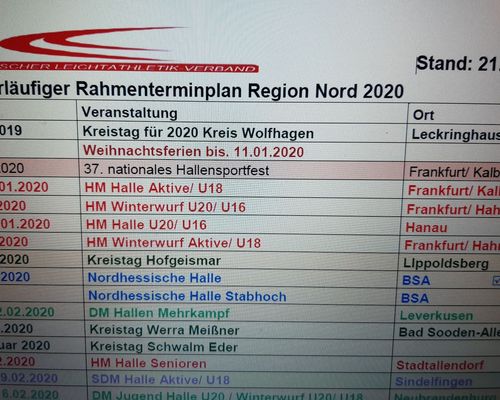 Vorläufiger Terminplan 2020