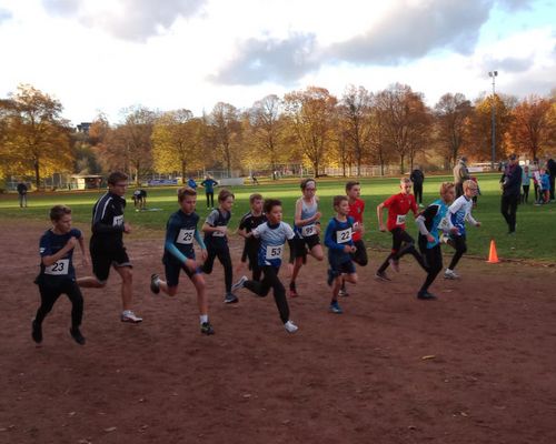 Start der Schüler U14 über 1830 Meter: Die Kreismeistertitel sicherten sich Maximilian Weinbach (LC Olympia Lorsch, M12, 3.v.l.) und Ole Walter (SV Mörlenbach, M13, 2.v.r.). 
